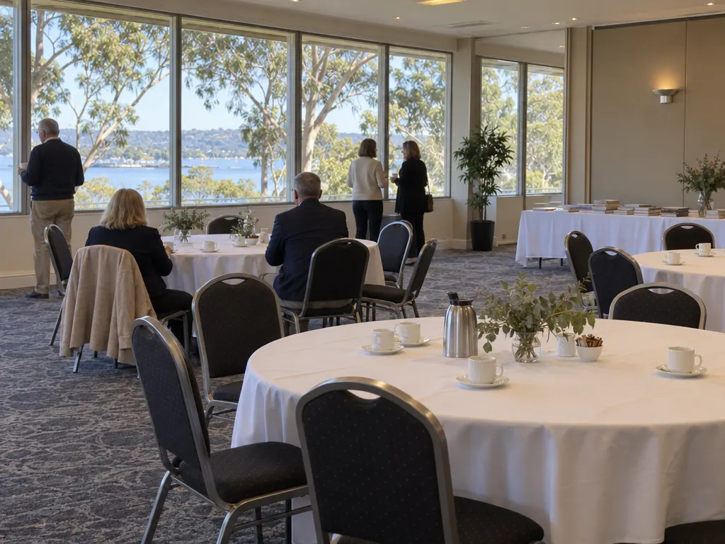 A carpeted club function room on a weekday morning: round tables with white cloths and coffee cups, a few display tables along the wall, and large windows onto gum trees and lake water. A handful of people stand at a distance.