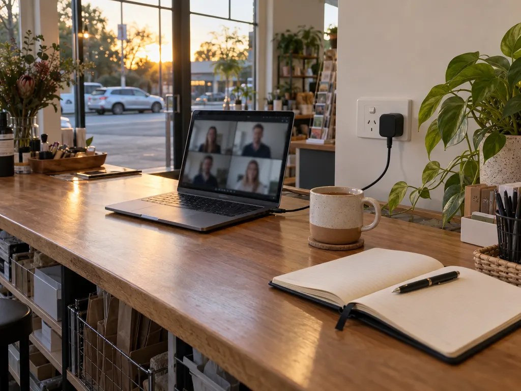 A small shop counter after closing time: a laptop open on a video call, a notebook with a pen, a mug of tea and a charger in the wall power point, in late afternoon light.