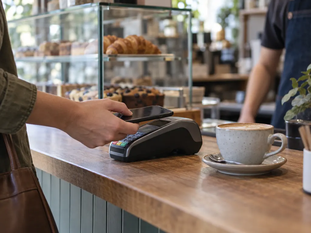 A customer holds a phone to a countertop eftpos terminal beside a cappuccino, with a pastry cabinet behind.