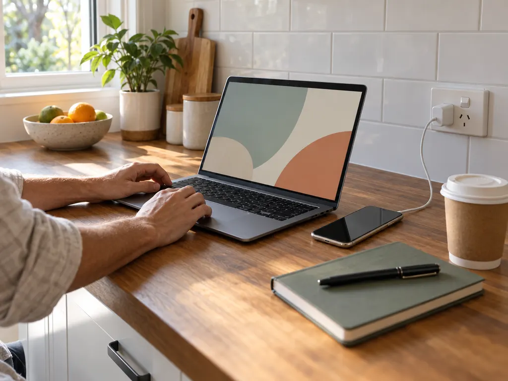 A small business owner's hands at a kitchen bench with an open laptop, a smartphone and a takeaway coffee